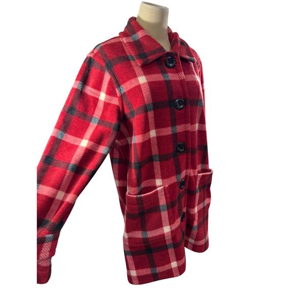 "BROWNSTONE STUDIO" Button Up Fuzzy Fleece Blazer Cardigan Jacket Red Plaid SZ L - Picture 2 of 8